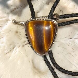 New Tiger's Eye Triangle Stone Braided Black Cord Bolo Tie Western Festival